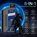 JAYO 3D Printer Resin - 8-in-1 Features highlighting light odor, good fluidity, and high precision, accompanied by a detailed figure model, perfect for 3D printing enthusiasts.