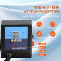 Digital controller of the SHUOHAO 15 In 1 Multifunctional Sublimation Heat Press Machine, showing precise settings for temperature and time, emphasizing safety features for enhanced user control.