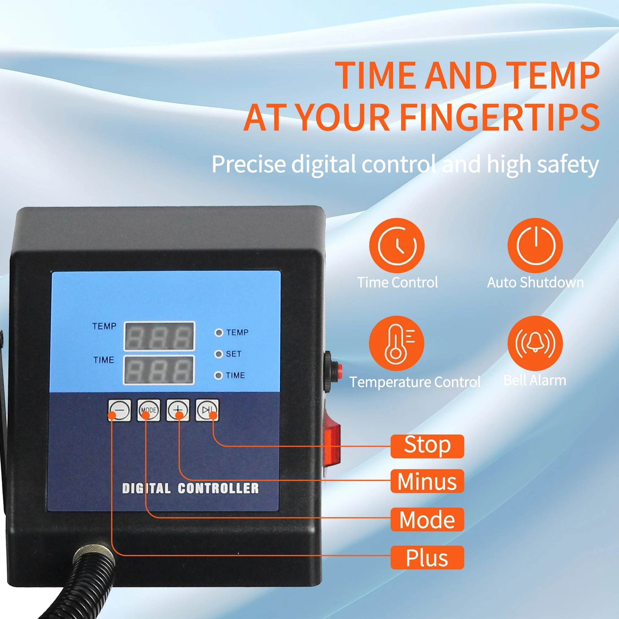 Digital controller of the SHUOHAO 15 In 1 Multifunctional Sublimation Heat Press Machine, showing precise settings for temperature and time, emphasizing safety features for enhanced user control.