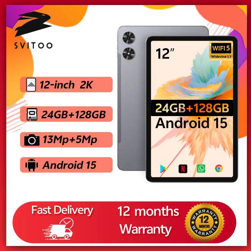 SVITOO 12" Android Tablet - 24GB RAM, 128GB ROM, 2K Display, 8000mAh Battery, Fast Charging