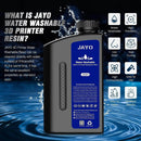 Back view of JAYO Water Washable 3D Printer Resin bottle, emphasizing easy cleanup with water, low odor, and high compatibility for enhanced printing experience.