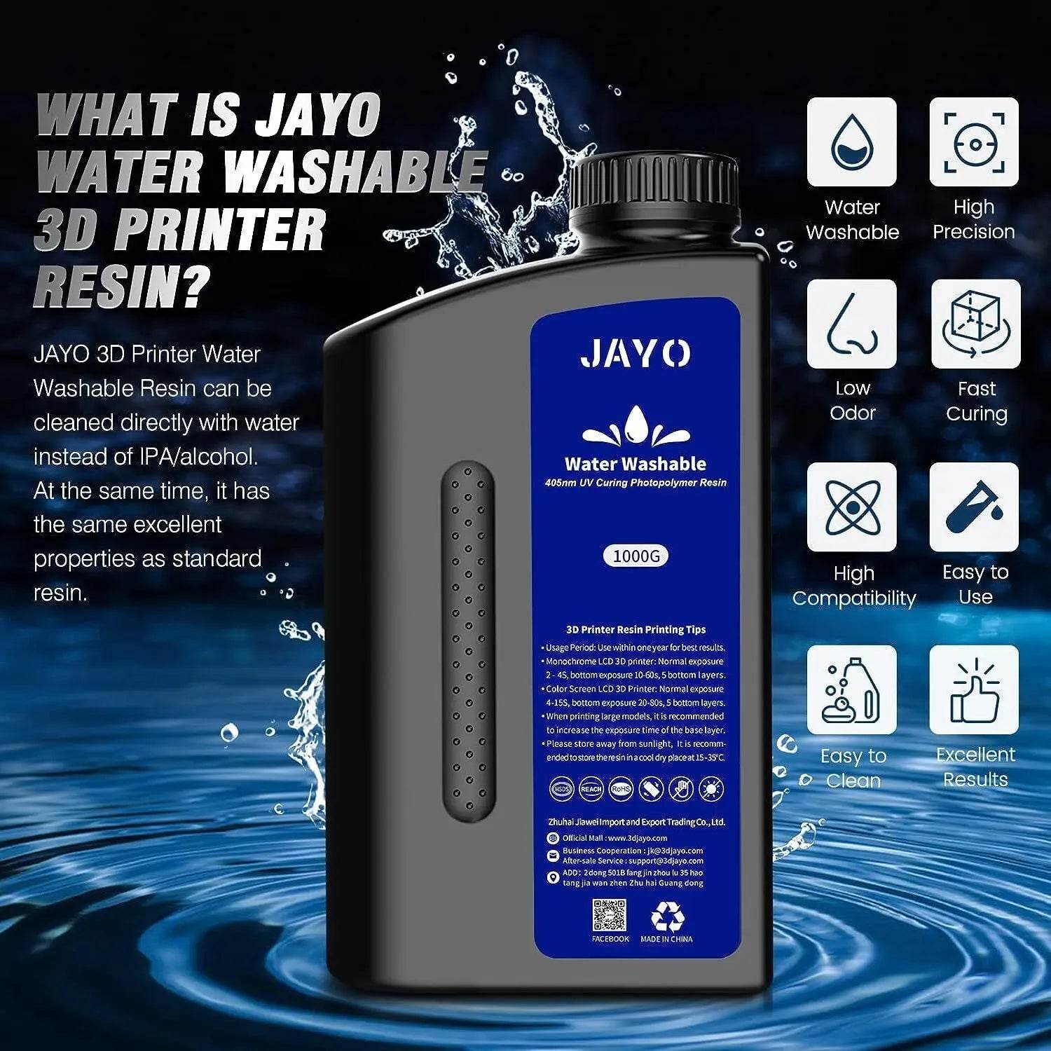 Back view of JAYO Water Washable 3D Printer Resin bottle, emphasizing easy cleanup with water, low odor, and high compatibility for enhanced printing experience.