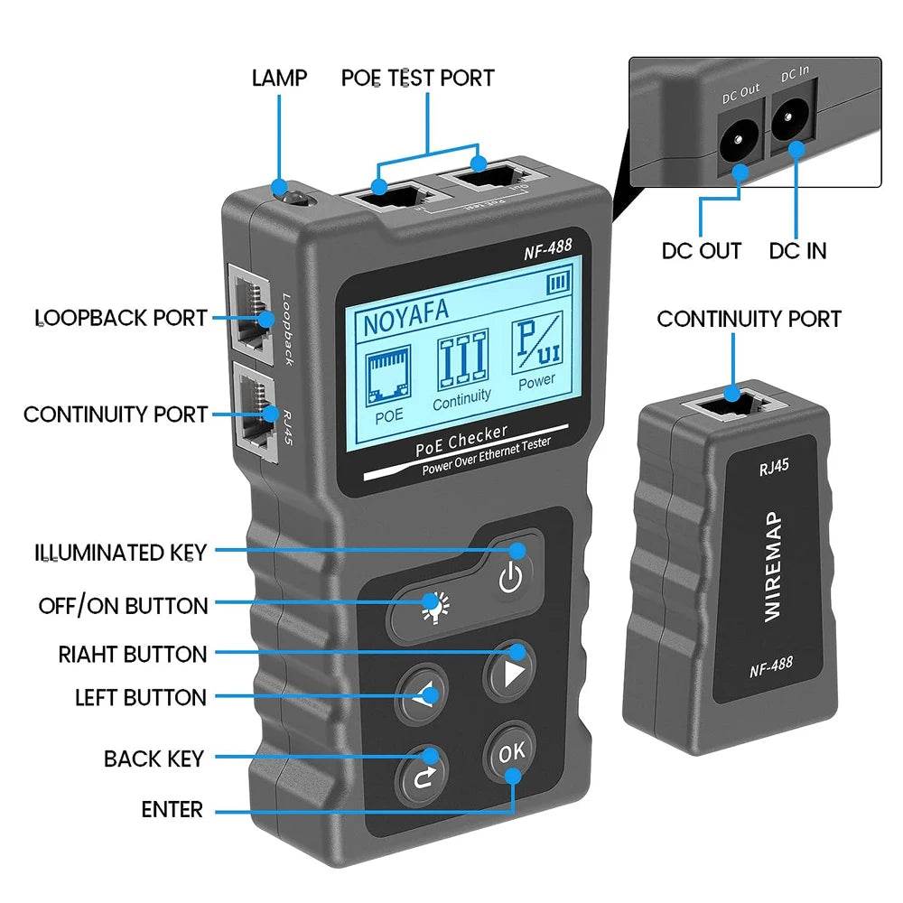 Noyafa NF-488 PoE Ethernet Cable Tester for CAT5e/CAT6/6a with Loop-Back Testing Capability
