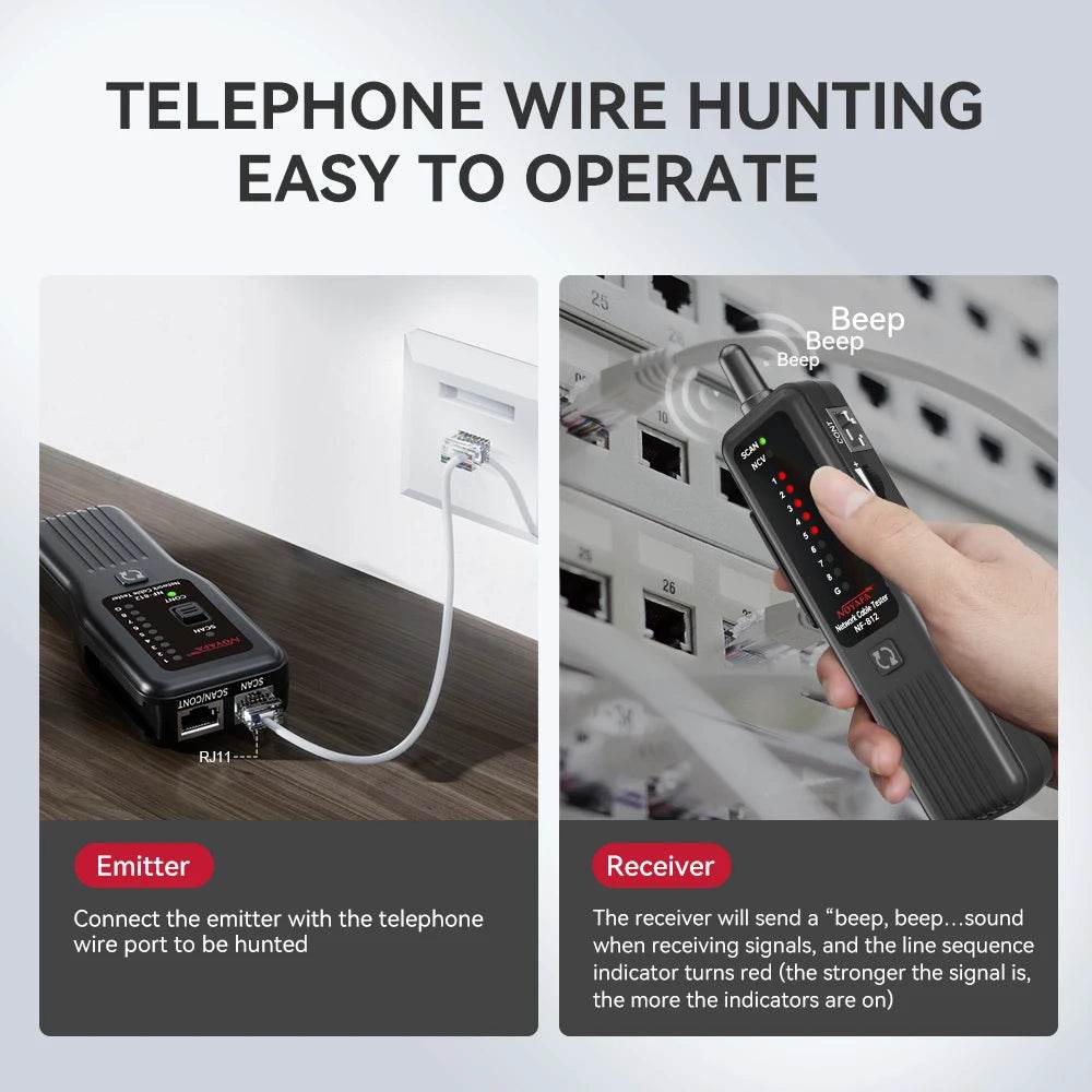 Noyafa NF-812 Cable Tester illustrating seamless telephone wire hunting, with clear indications for signal strength and ease of use.