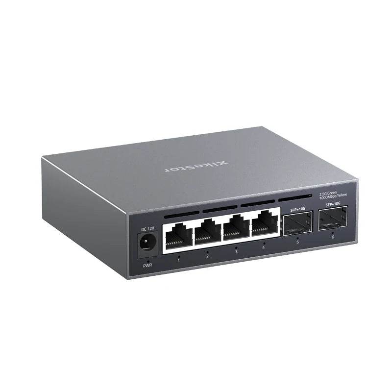 Overview of the XikeStor 2.5G L2 Managed Switch revealing its sleek design with 4 x 2.5G RJ45 and 2 x 10G SFP+ ports, tailored for optimal home or small business networking.