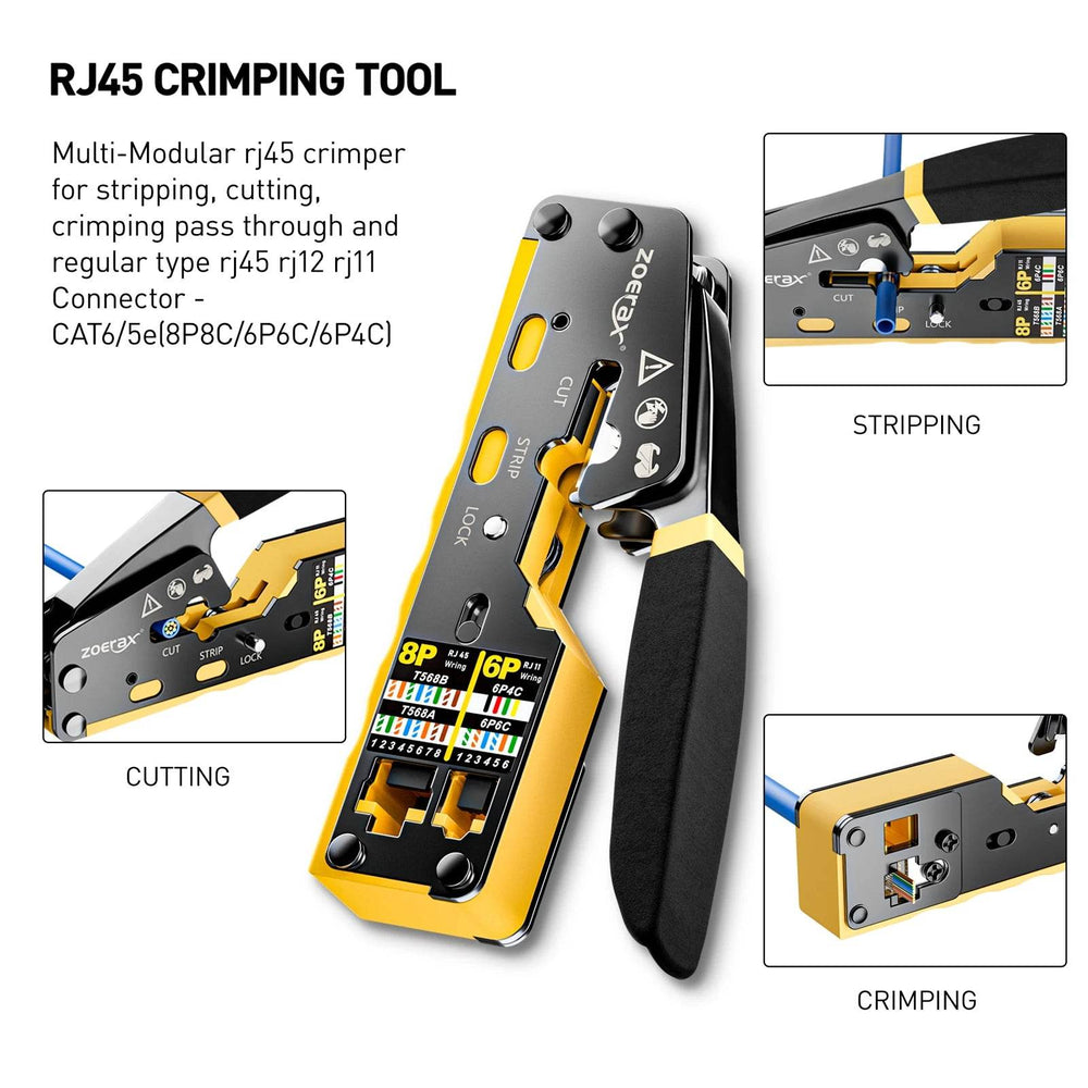 ZoeRax 8 In 1 RJ45 Crimp Tool Kit With 50 Cat6 Connectors - Ergonomic Design For Network Upgrades