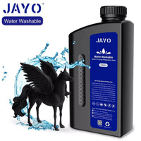 JAYO 3D Printer Resin bottle showcasing a black unicorn statue surrounded by dynamic water splash, highlighting its water-washable feature and high-detail prints.