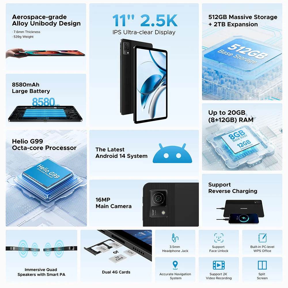 DOOGEE T40 Tablet 11 Inch 2.5K IPS Display, 8GB RAM, 512GB ROM, Helio G99 Processor