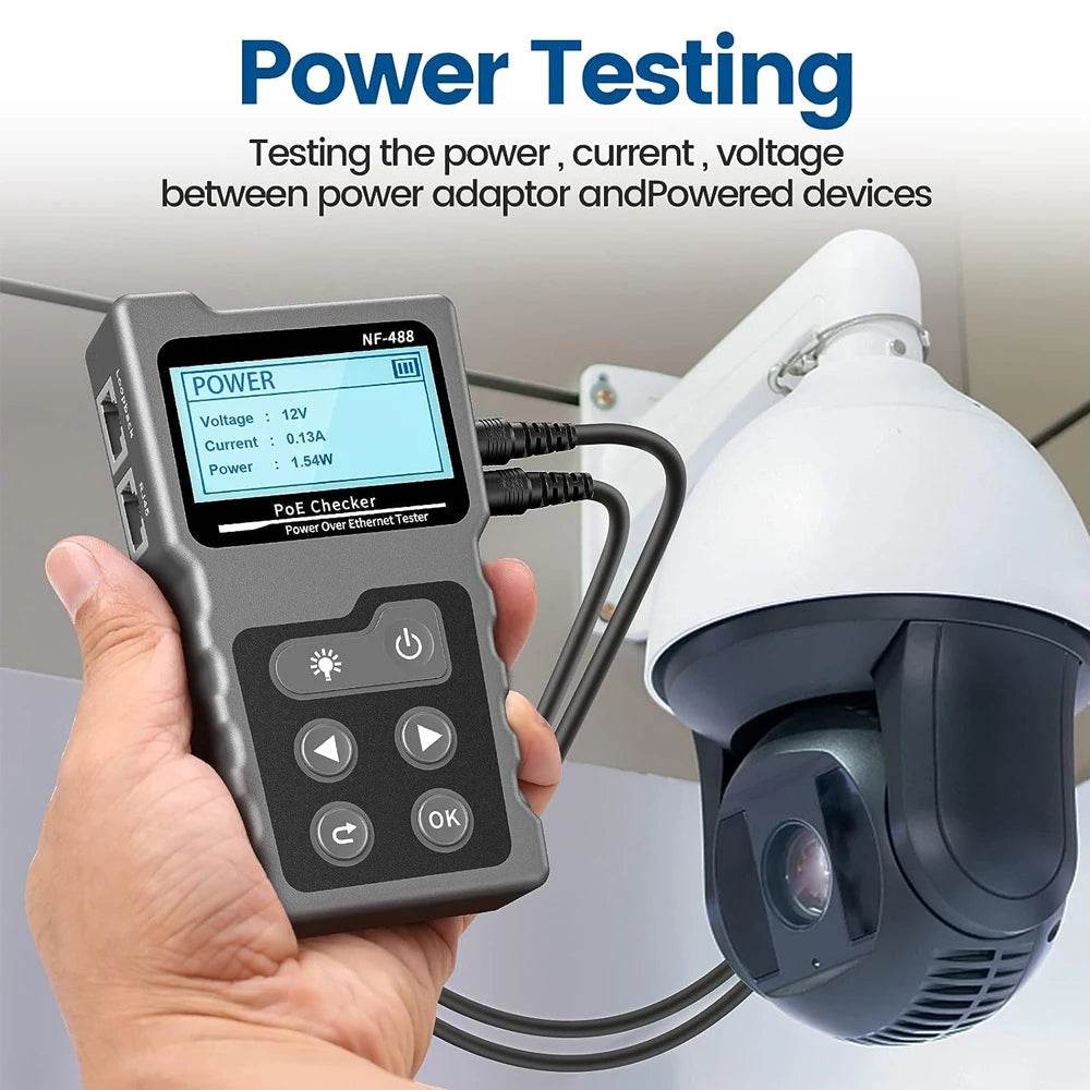Noyafa NF-488 PoE Ethernet Cable Tester showcasing power testing capabilities, with a focus on measuring power, current, and voltage between devices and power adapters.