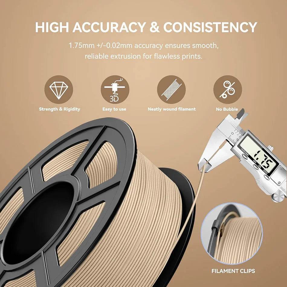High accuracy and consistency of JAYO Wood PLA 3D Filament 1.75mm 1.1kg - 6 Roll Set, detailing its precise extrusion and reliability for flawless printing results.