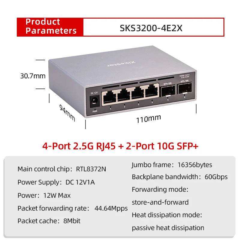 XikeStor 2.5G L2 Managed Switch - 4 Port RJ45 and 2 x 10G SFP+ Uplinks for High-Speed Networking