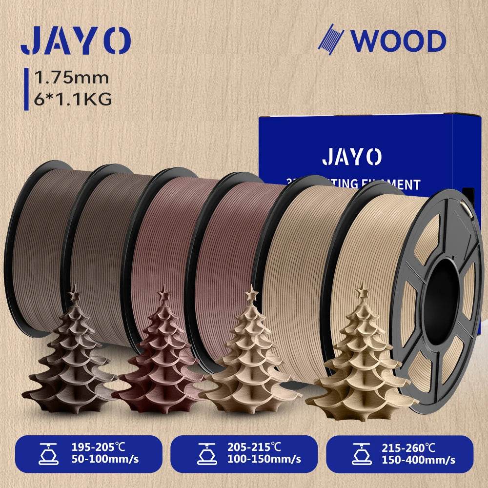 JAYO Wood PLA 3D Filament 1.75mm 1.1kg - 6 Roll Set showcasing a variety of wood-like colors and intricate tree designs, perfect for creative 3D printing projects.