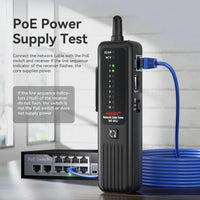 Noyafa NF-812 Cable Tester executing PoE power supply tests, showcasing its diagnostic abilities for network connections in a portable design.
