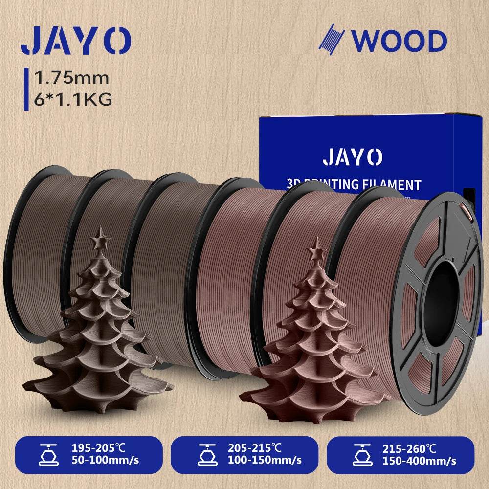 JAYO Wood PLA 3D Filament 1.75mm 1.1kg - 6 Roll Set displaying rich, natural hues with an impressive 3D printed tree, perfect for enhancing craftsmanship and designs.