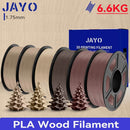 JAYO Wood PLA 3D Filament 1.75mm 1.1kg - 6 Roll Set showcasing diverse wood filament colors with Christmas tree models for creative 3D printing.