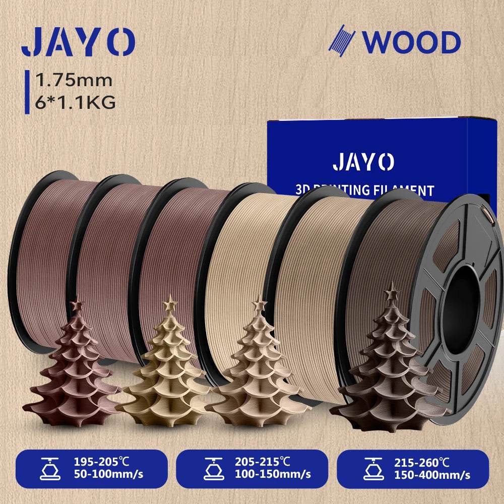 JAYO Wood PLA 3D Filament 1.75mm 1.1kg - 6 Roll Set showing varied warm wood tones and delicate 3D tree prints, perfect for versatile crafting and design projects.
