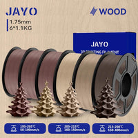 JAYO Wood PLA 3D Filament 1.75mm 1.1kg - 6 Roll Set showing varied warm wood tones and delicate 3D tree prints, perfect for versatile crafting and design projects.