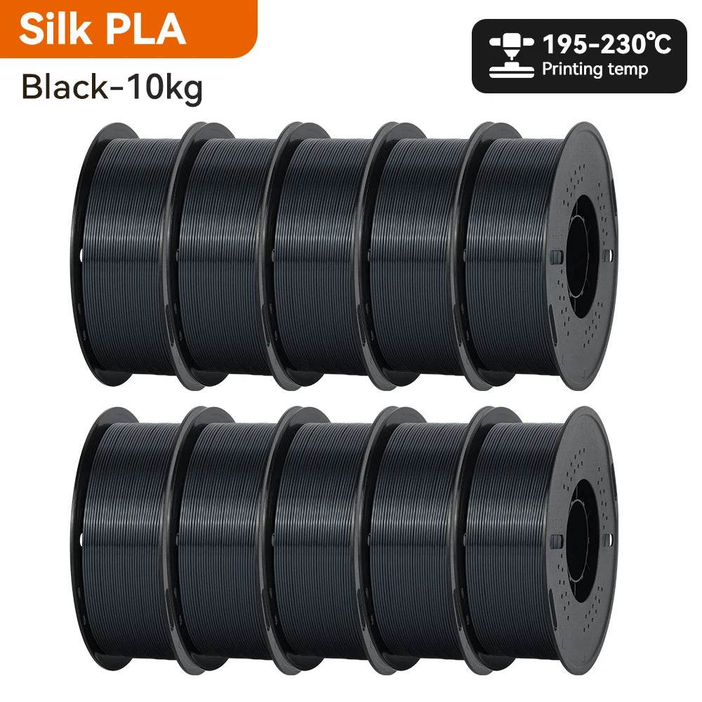 Black KINGROON 10KG Silk PLA Filament Set 1.75mm | Vibrant Mixed Colors with Glossy Finish for professional-quality prints.