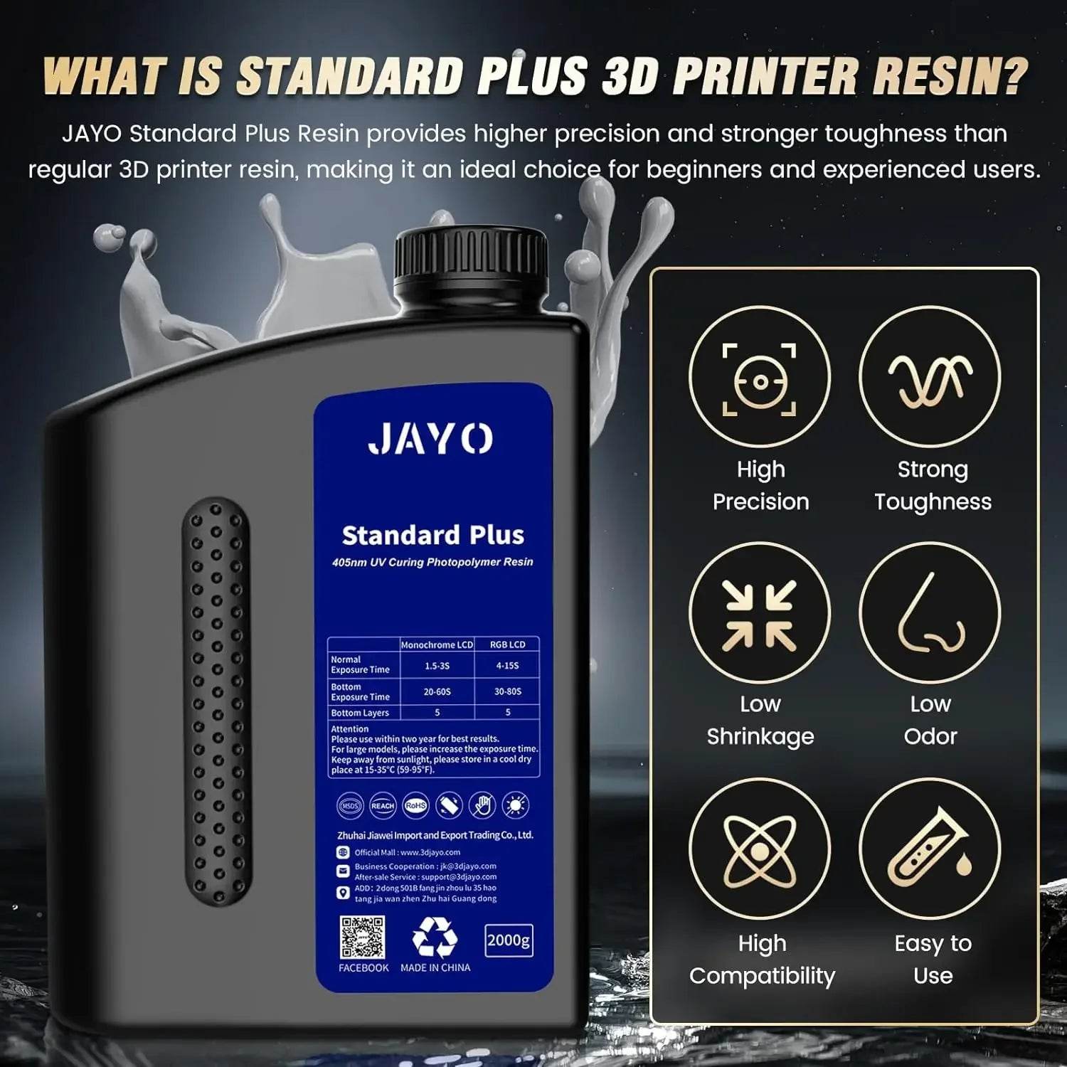 JAYO 3D Printer Resin - High-Precision Photopolymer Bottle with Standard Plus Label, showcasing strong toughness and high compatibility for enhanced 3D printing performance.
