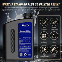 JAYO 3D Printer Resin - High-Precision Photopolymer Bottle with Standard Plus Label, showcasing strong toughness and high compatibility for enhanced 3D printing performance.
