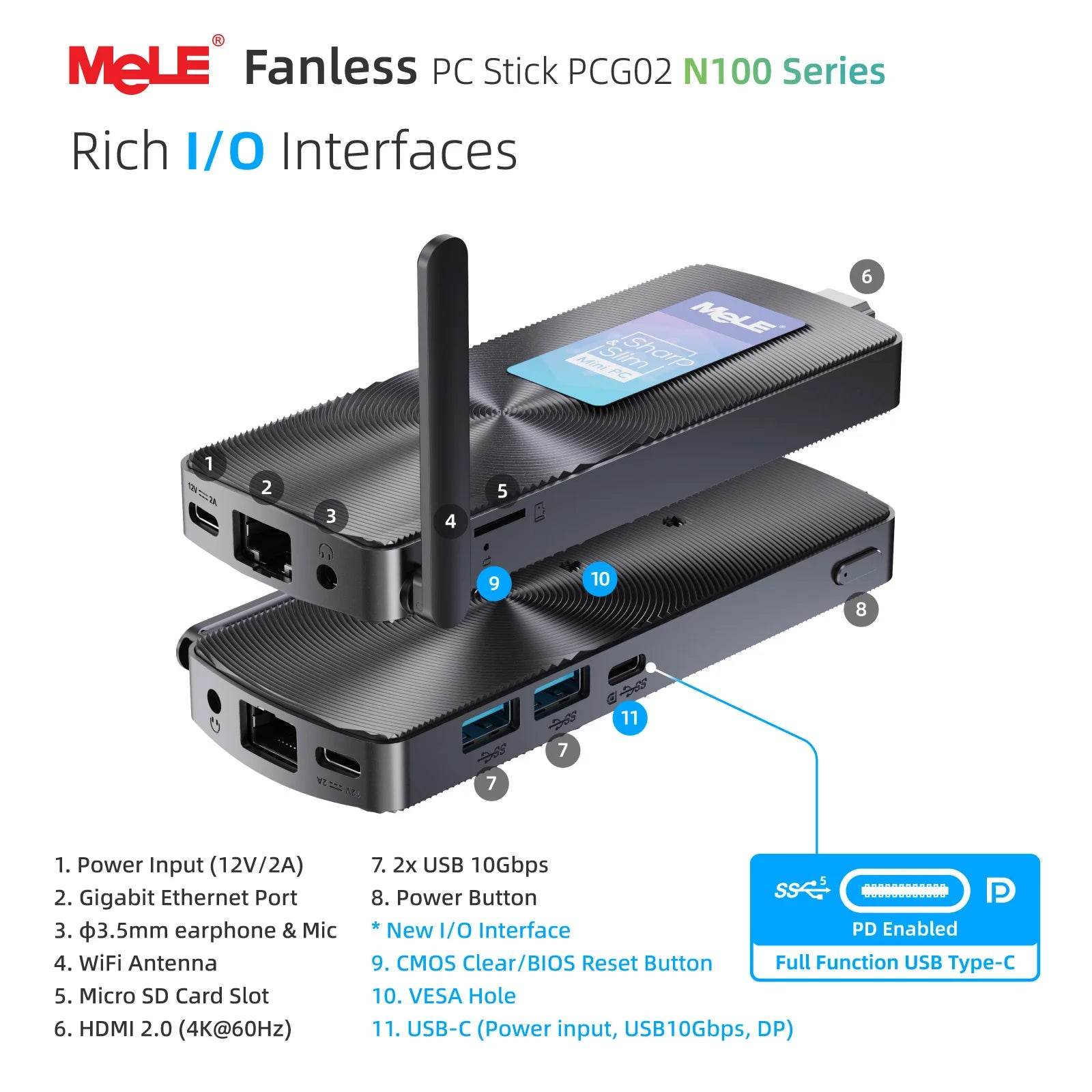 MeLE N100 Mini PC Stick - 8GB RAM, 256GB Storage, 4K HDMI, Fanless Design for Quiet Performance