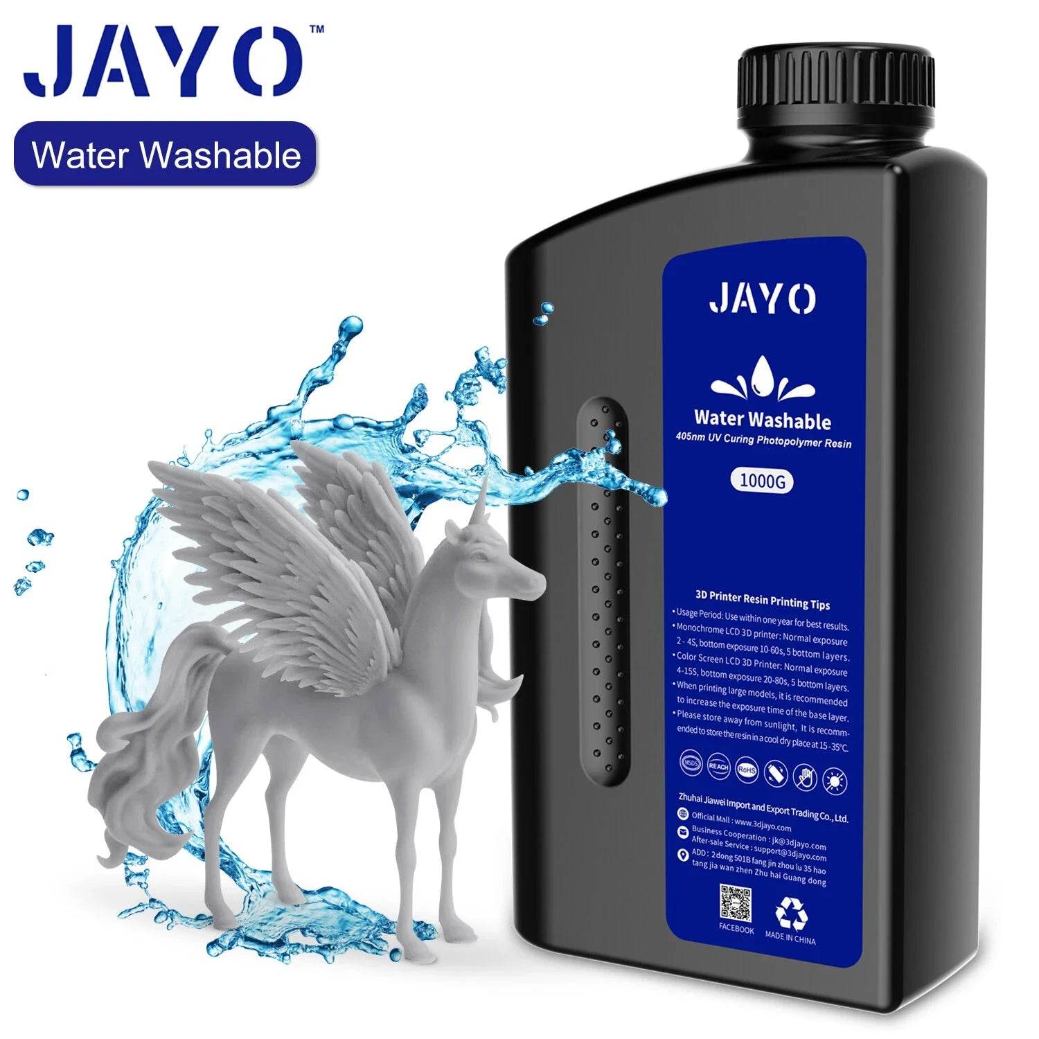 JAYO 3D Printer Resin - ABS-Like, Water Washable, 395-405nm, Durable High-Detail Prints displayed next to an intricately crafted unicorn model, emphasizing ease of cleaning and detailed results.