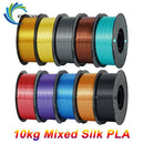 KINGROON 10KG Silk PLA Filament Set featuring vibrant mixed colors on spools for 3D printing, showcasing a glossy finish that enhances visual appeal.