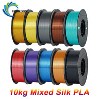KINGROON 10KG Silk PLA Filament Set featuring vibrant mixed colors on spools for 3D printing, showcasing a glossy finish that enhances visual appeal.