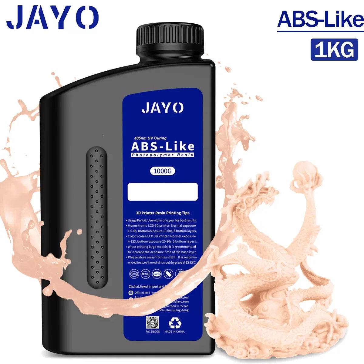 JAYO 3D Printer Resin bottle featuring a detailed dragon sculpture in a swirling pink splash, emphasizing its ABS-like quality for robust prints.