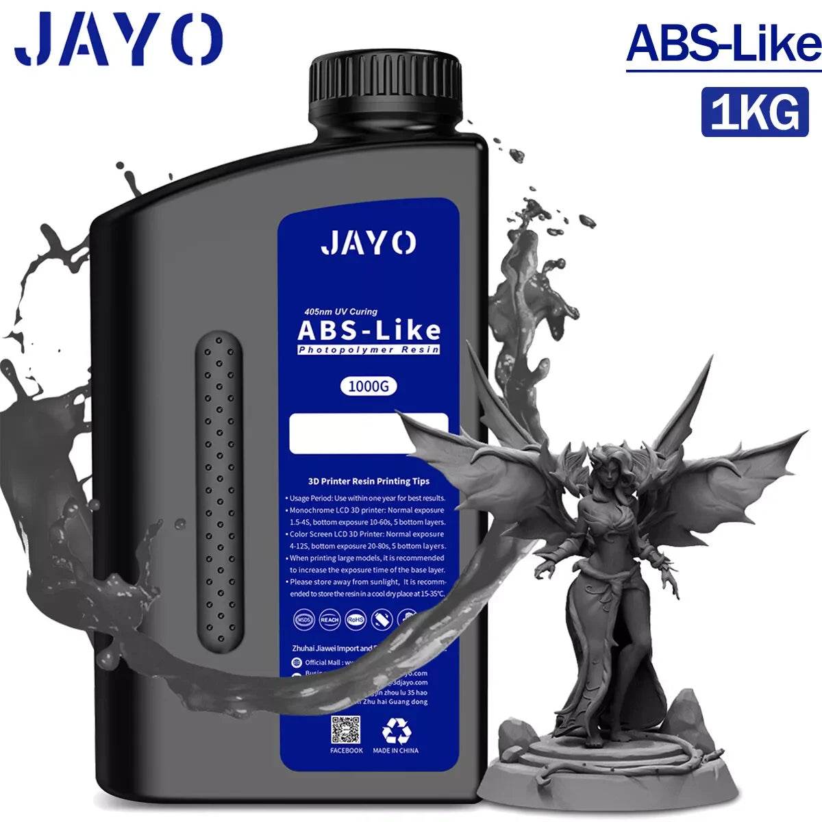JAYO 3D Printer Resin bottle with an enchanting dragon figurine amidst a dramatic gray splash, showcasing its ABS-like capability for intricate designs.
