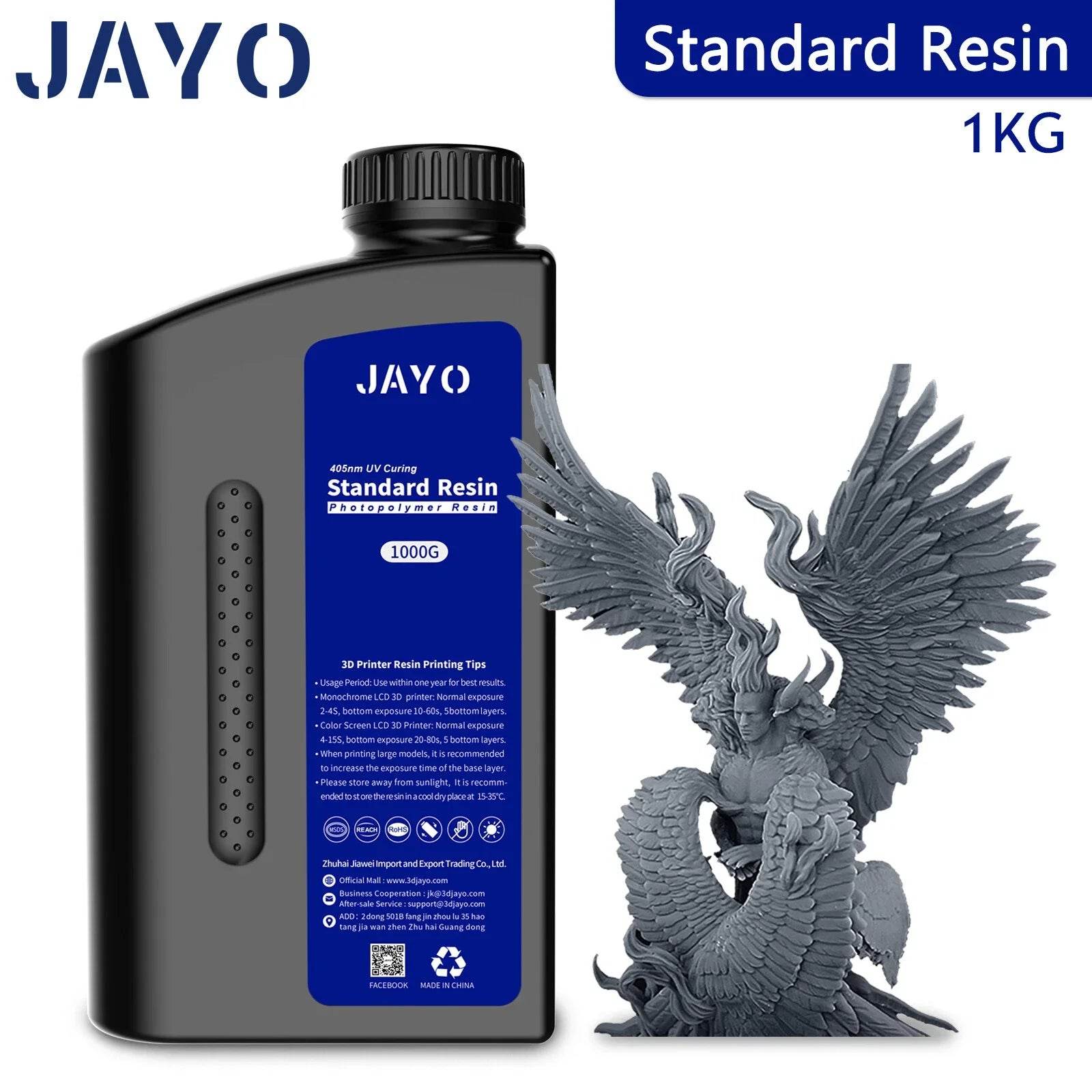 JAYO 3D Printer Resin - ABS-Like, Water Washable, 395-405nm, Durable High-Detail Prints showcased with a beautifully detailed figurine, highlighting outstanding printing quality.