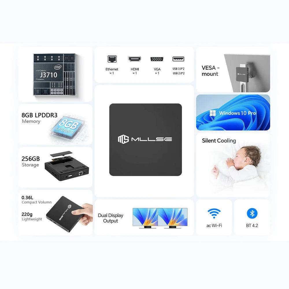 MLLSE M2Pro Mini PC, 8GB RAM, 256GB SSD, Intel J3710, Windows 10, Compact Black Design