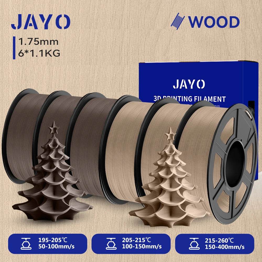 JAYO Wood PLA 3D Filament 1.75mm 1.1kg - 6 Roll Set featuring rich wood tones and unique printed tree structures, ideal for adding organic beauty to your designs.