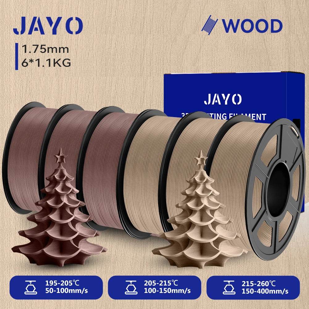 JAYO Wood PLA 3D Filament 1.75mm 1.1kg - 6 Roll Set featuring a beautiful assortment of earthy tones alongside a decorative 3D printed tree, ideal for artistic creations.