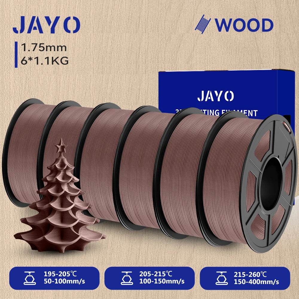 Close-up of JAYO Wood PLA 3D Filament spools in rich wood-like colors, highlighting the 1.75mm diameter and 6 rolls of 1.1kg each for diverse 3D printing applications.