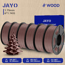 Close-up of JAYO Wood PLA 3D Filament spools in rich wood-like colors, highlighting the 1.75mm diameter and 6 rolls of 1.1kg each for diverse 3D printing applications.