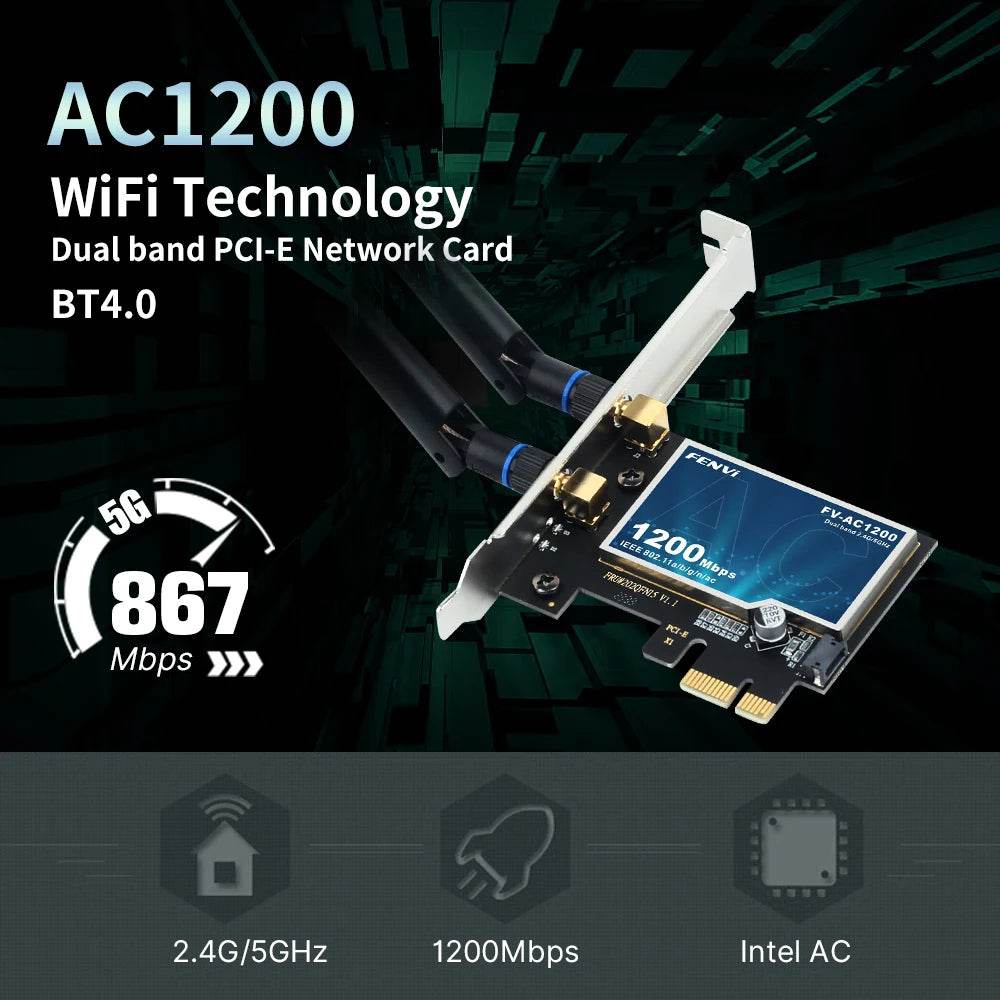 FENVI FV-AC1200 PCIe WiFi Card - 1200Mbps Dual Band 2.4GHz/5GHz, Easy Install for Gaming & Streaming