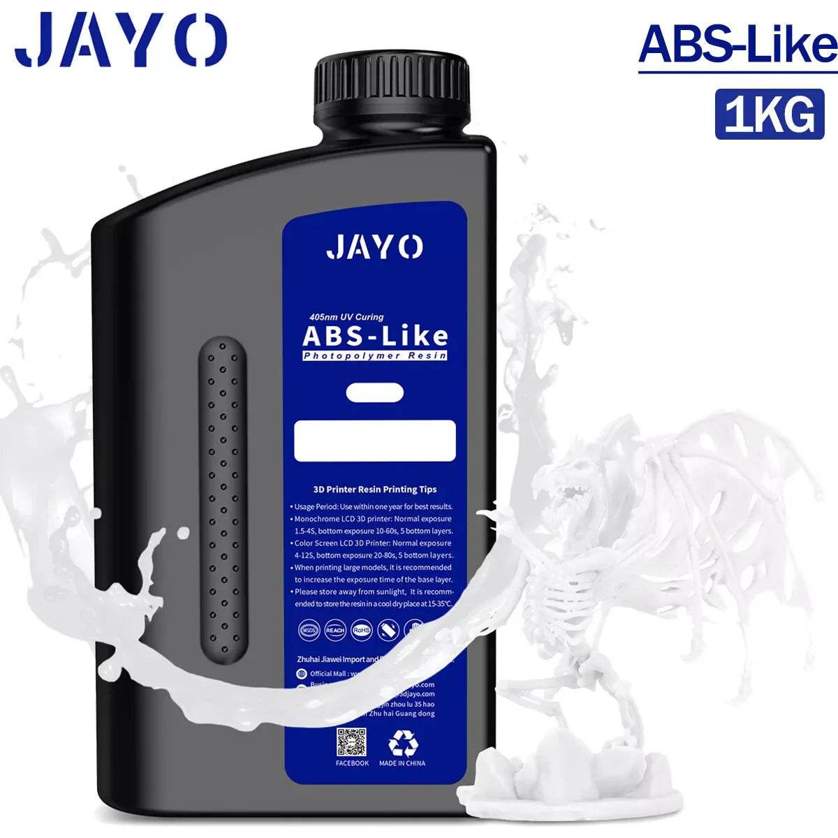 JAYO 3D Printer Resin - ABS-Like, Water Washable, 395-405nm, Durable High-Detail Prints. Showcasing the sleek black bottle with a dragon model, highlighting its remarkable high-detail printing capabilities.