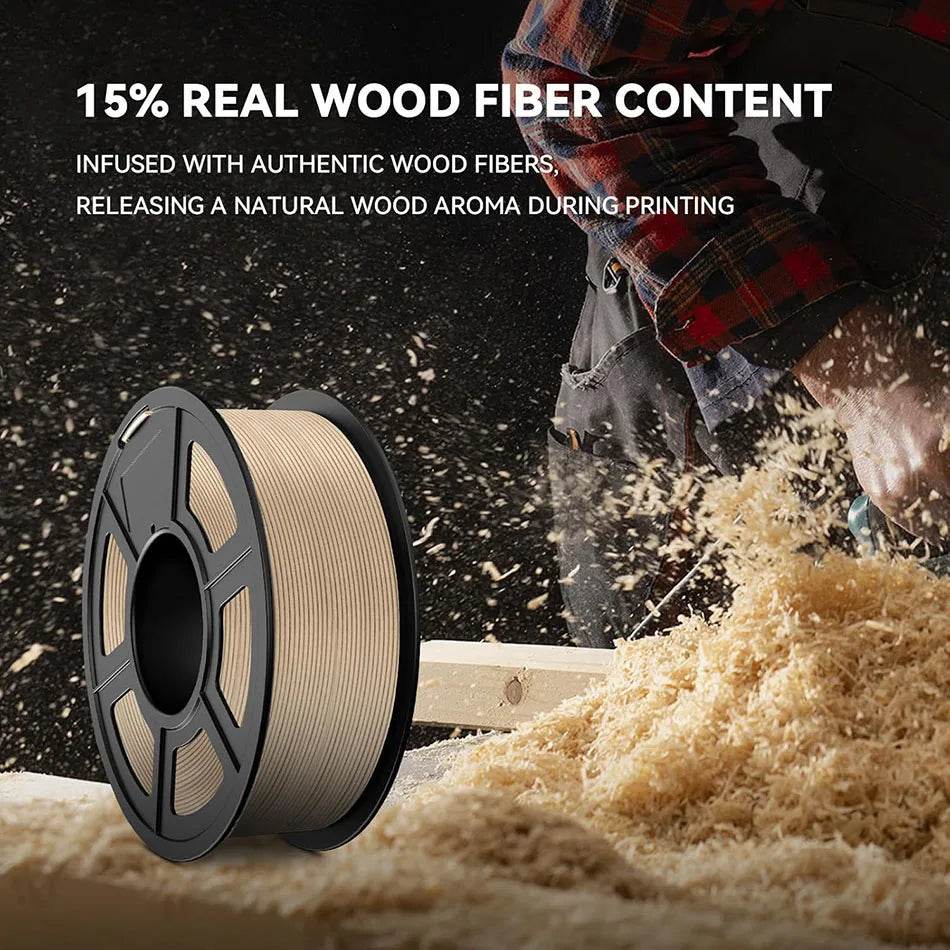 JAYO Wood PLA 3D Filament 1.75mm 1.1kg - 6 Roll Set featuring 15% real wood fiber content, showcasing authentic wood aroma during printing for an enhanced experience.