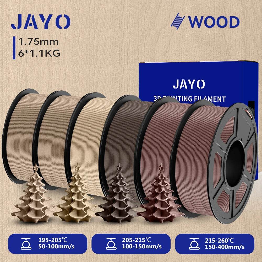 All spools of JAYO Wood PLA 3D Filament in various wood-inspired shades with a decorative tree model, showcasing the filament's versatility for creating stunning crafts.
