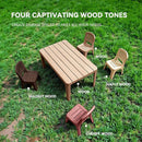 Miniature table and chairs showcasing four captivating wood tones made with JAYO Wood PLA 3D Filament 1.75mm 1.1kg - 6 Roll Set. Perfect for creative 3D printing projects.