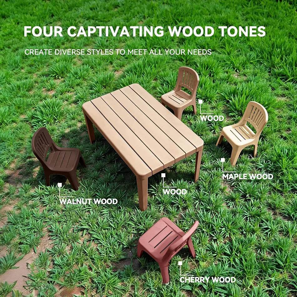 Miniature table and chairs showcasing four captivating wood tones made with JAYO Wood PLA 3D Filament 1.75mm 1.1kg - 6 Roll Set. Perfect for creative 3D printing projects.