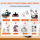 Overview of the SHUOHAO 15 In 1 Multifunctional Sublimation Heat Press Machine showcasing its various applications including T-shirts, hats, mugs, and more, highlighting unlimited creative possibilities.