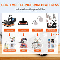 Overview of the SHUOHAO 15 In 1 Multifunctional Sublimation Heat Press Machine showcasing its various applications including T-shirts, hats, mugs, and more, highlighting unlimited creative possibilities.