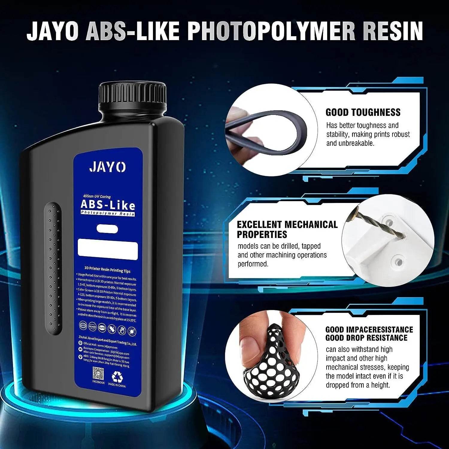 JAYO 3D Printer Resin - ABS-Like Photopolymer Bottle emphasizing toughness, mechanical properties, and high durability for reliable 3D printing applications.