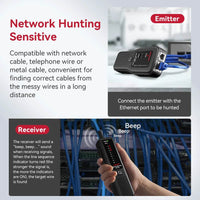 Noyafa NF-812 Cable Tester demonstrating its network hunting capabilities, compatible with various cable types, emphasizing easy operation.