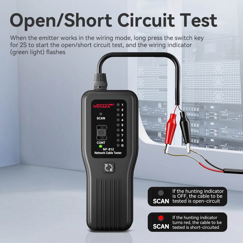 Noyafa NF-812 Cable Tester performing open/short circuit tests, highlighting functionality and user-friendly interface for effective network troubleshooting.