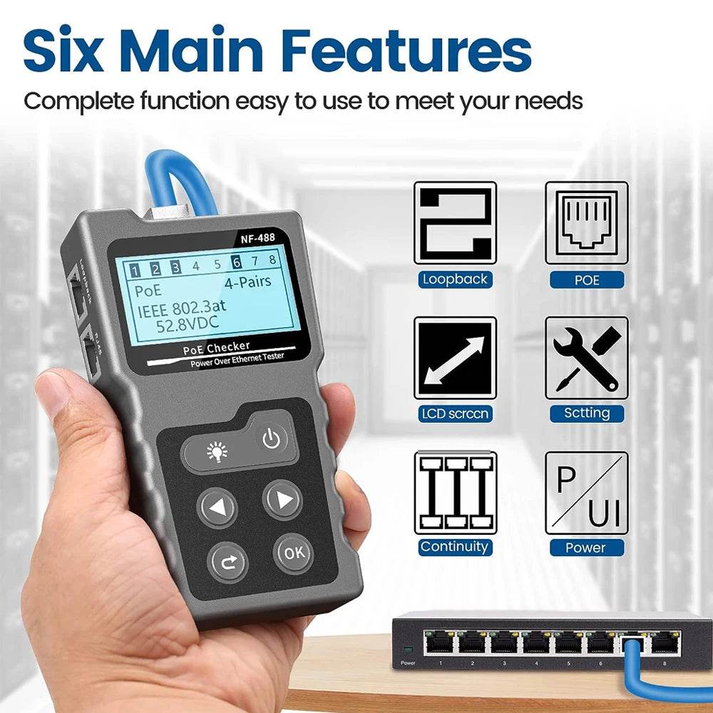 Noyafa NF-488 PoE Ethernet Cable Tester in use, demonstrating its six main features for efficient Ethernet network troubleshooting.