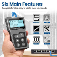 Noyafa NF-488 PoE Ethernet Cable Tester in use, demonstrating its six main features for efficient Ethernet network troubleshooting.
