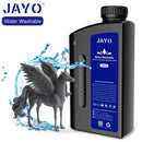 JAYO 3D Printer Resin bottle displaying a stunning black unicorn surrounded by water, underlining its water-washable formula for effortless cleaning.
